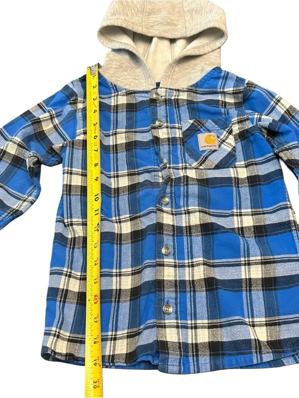 Carhartt Boys Hooded Flannel Shirt Size 7 Blue Plaid Button Down 100% Cotton